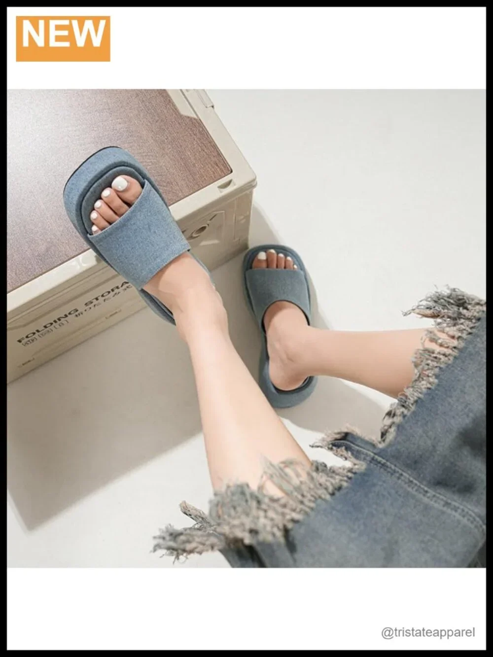 Women's Denim Platform Heeled Sandals Open Toe Slip On Chunky Block Heel